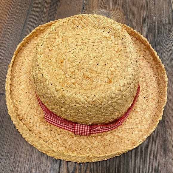 Vintage Straw Summer Hat Gingham Red Ribbon - Picture 1 of 6